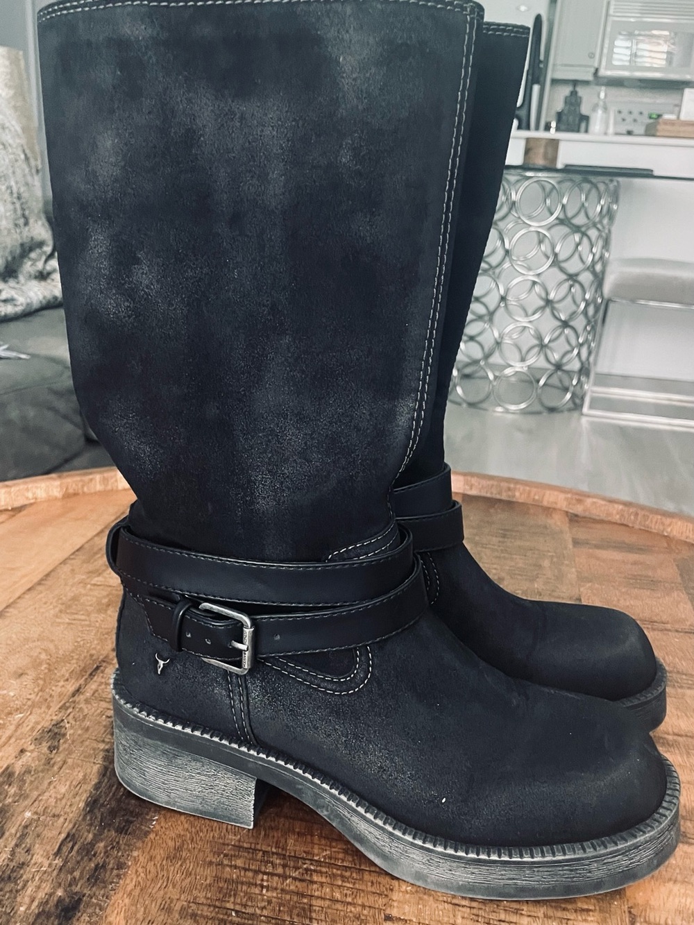 Windsor Smith Black Mid-Calf Buckle Strap Heeled Boots
